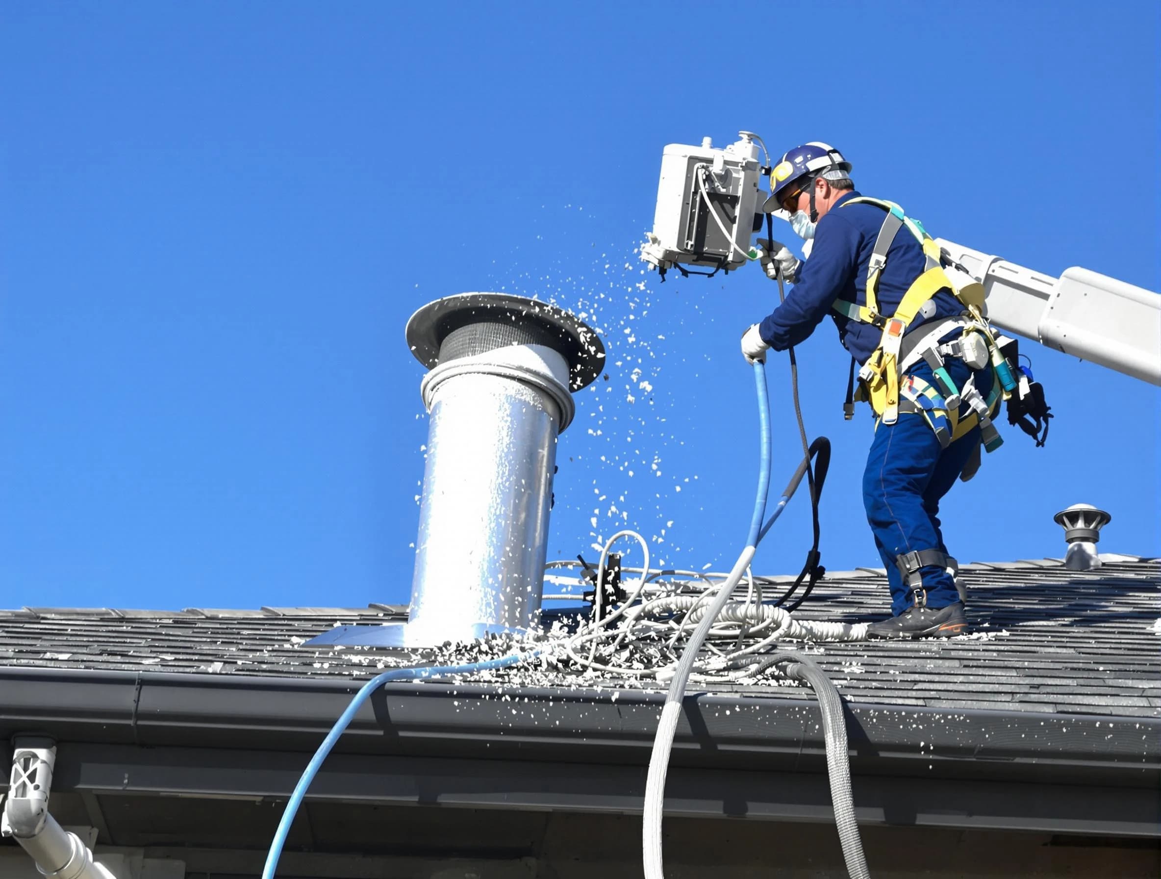 Dallas Dryer Vent Cleaning certified technician safely cleaning a roof-mounted dryer vent in Dallas