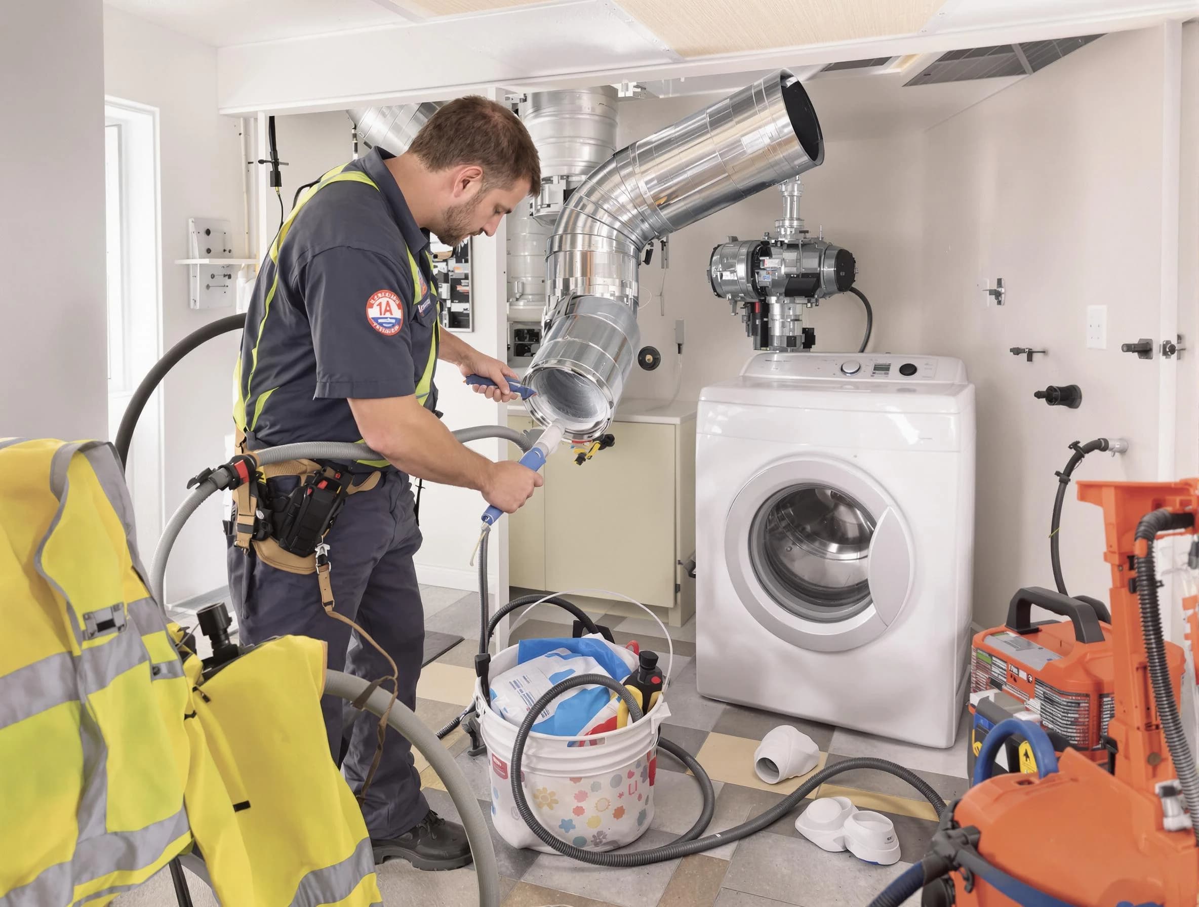 Dallas Dryer Vent Cleaning technician using specialized equipment to clear severe dryer vent blockage in Dallas