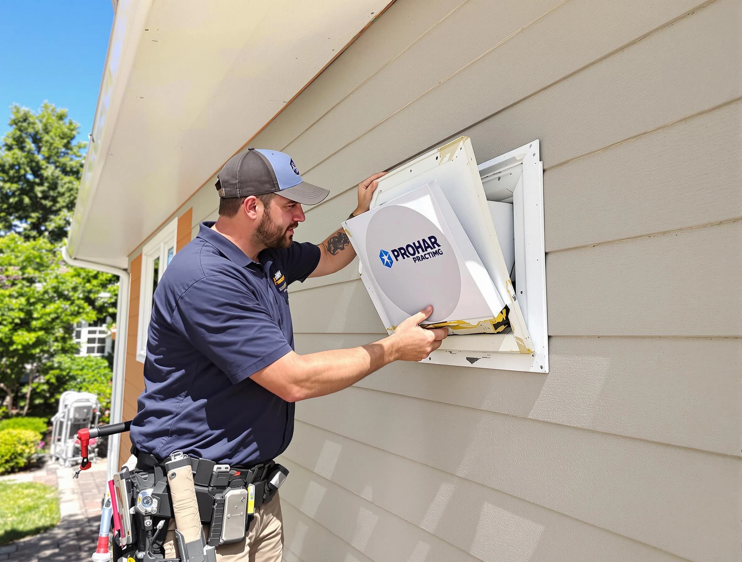 Dallas Dryer Vent Cleaning technician installing a new protective dryer vent cover on a home in Dallas