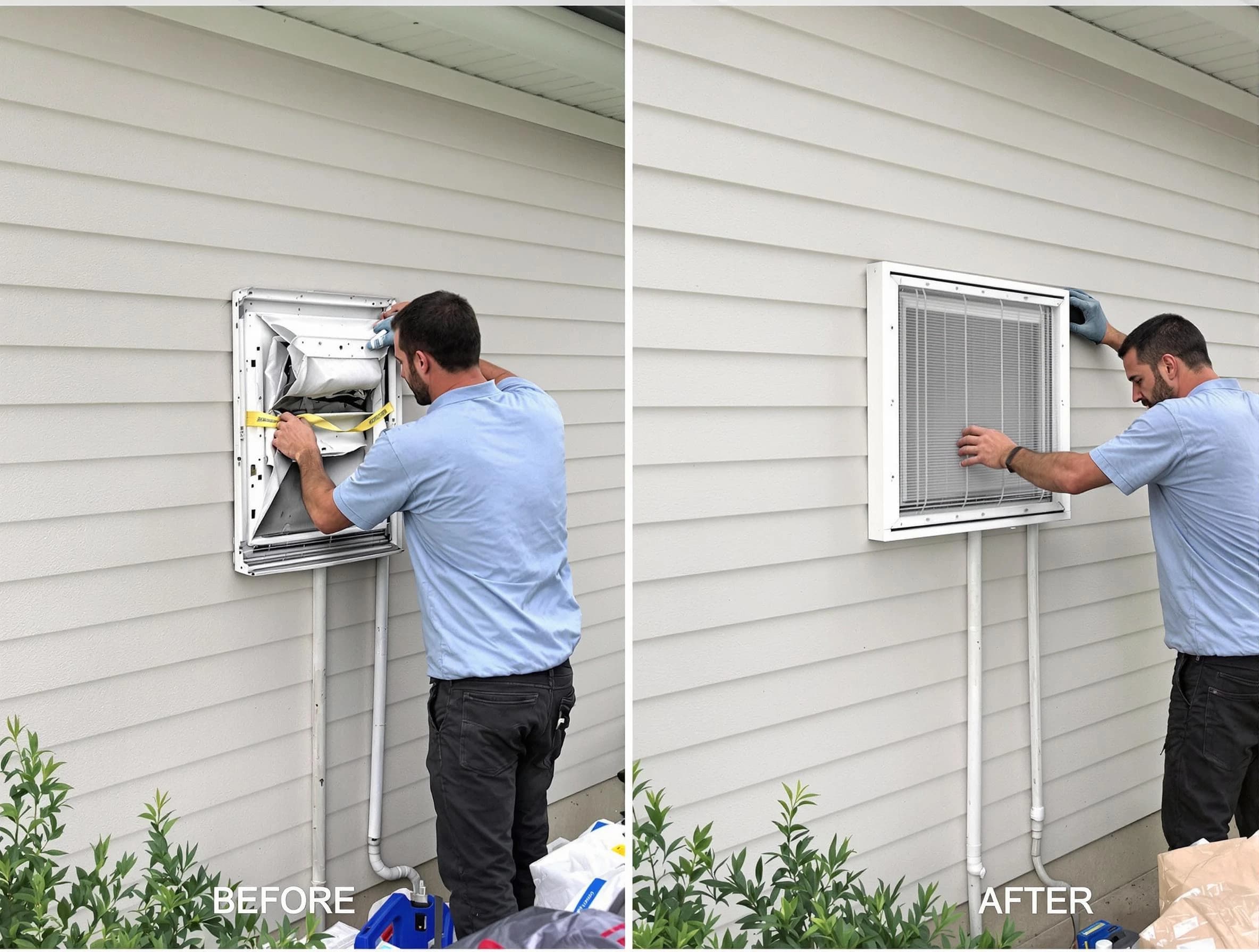 Dallas Dryer Vent Cleaning technician installing high-quality dryer vent cover at a residential property in Dallas